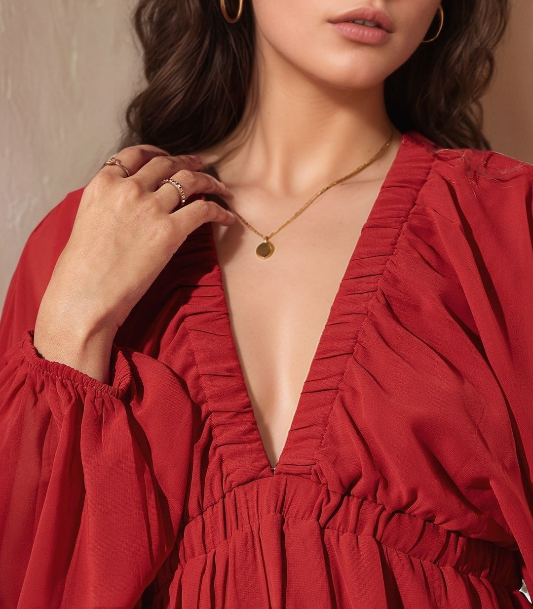 Red Balloon Sleeve V Neck Top