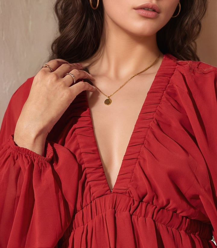 Red Balloon Sleeve V Neck Top