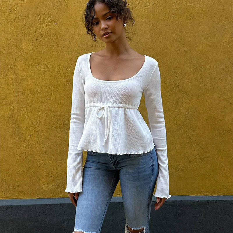 White U Neck Full Sleeves Peplum Top