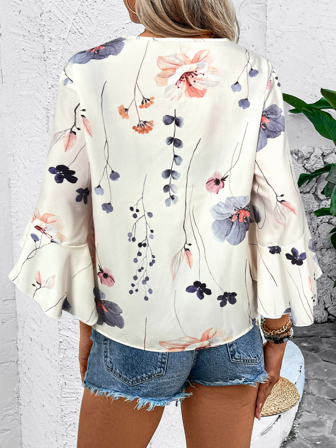 Cream Printed V Neck Top