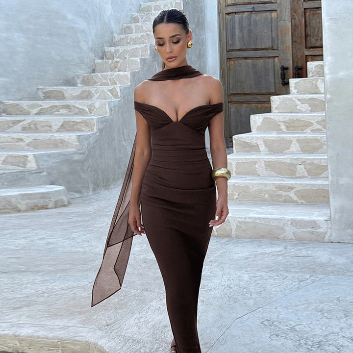 Brown Off-Shoulder Fit And Flare Dress