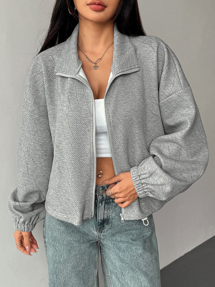 Grey Full Sleeve Collarded Front Zip Jacket