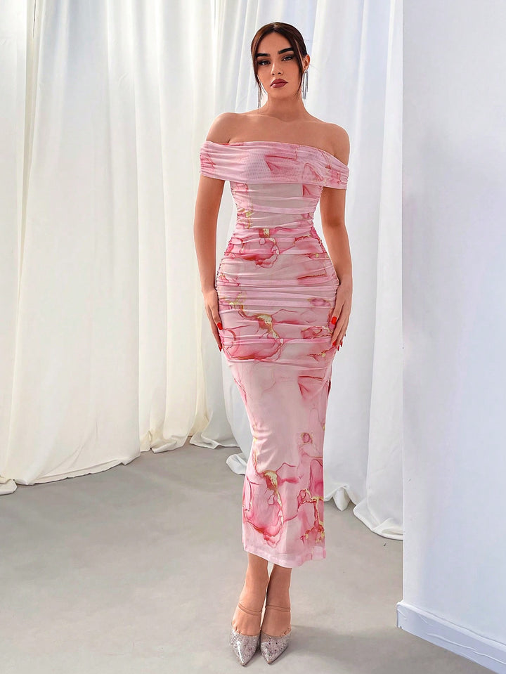 Pink Off Shoulder Floral Printed Dress
