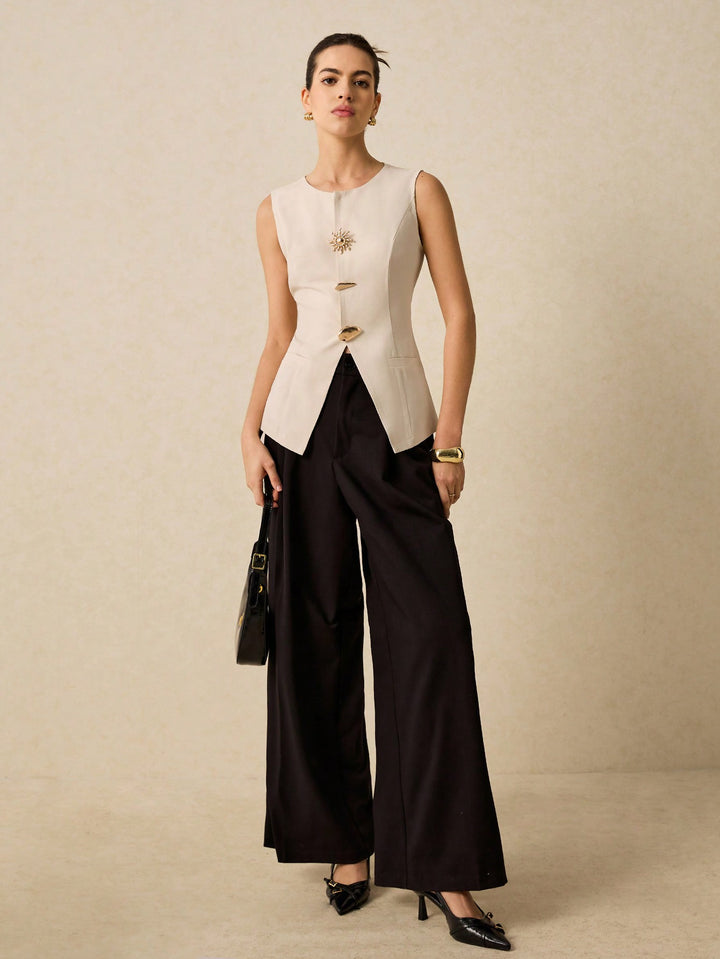 Cream Sleeveless Vest Top With Metal Buttons