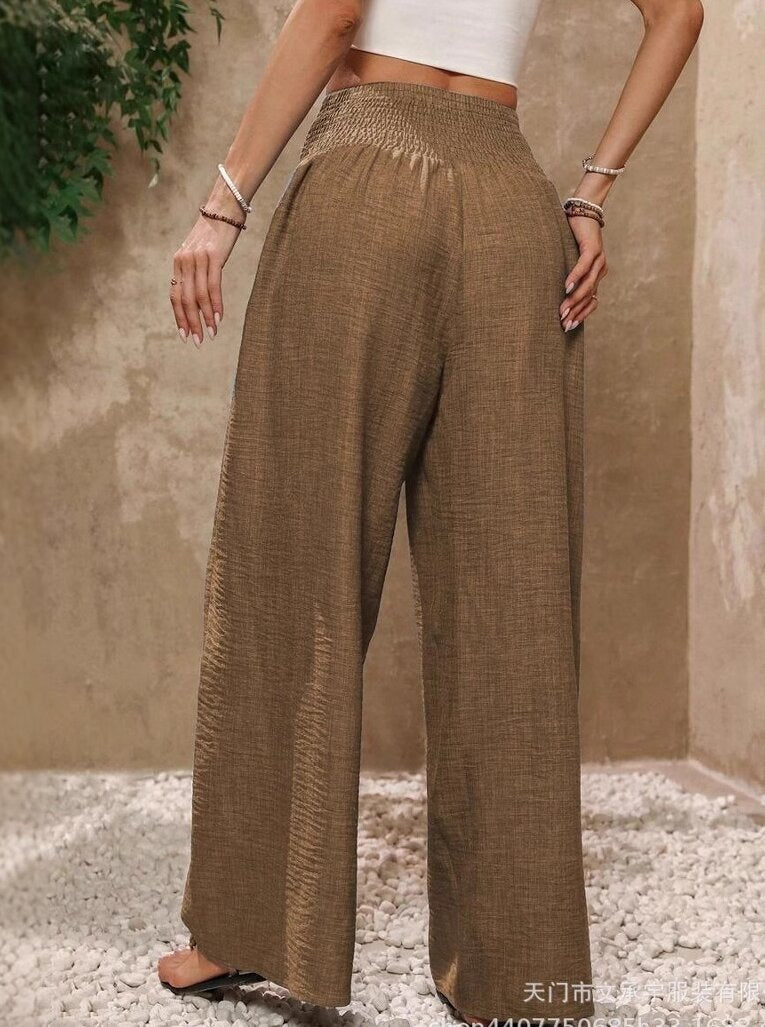 Brown Wide Leg Textured Trousers With Tie Up Detail