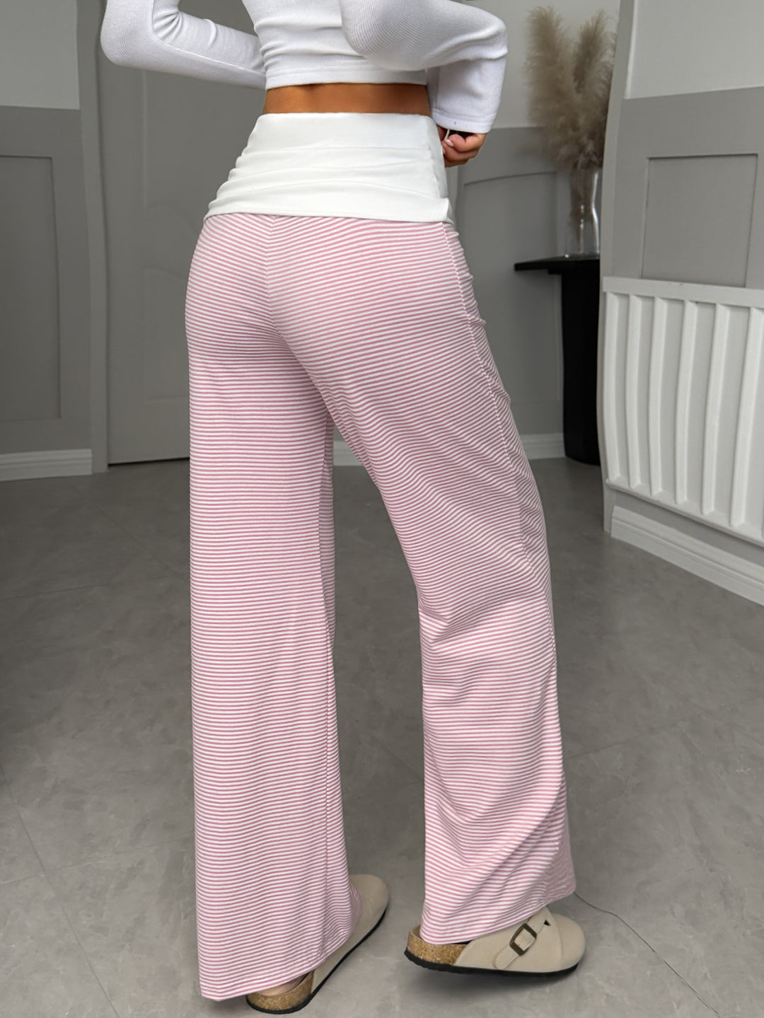 Pink Waist Gathered Striped Pant