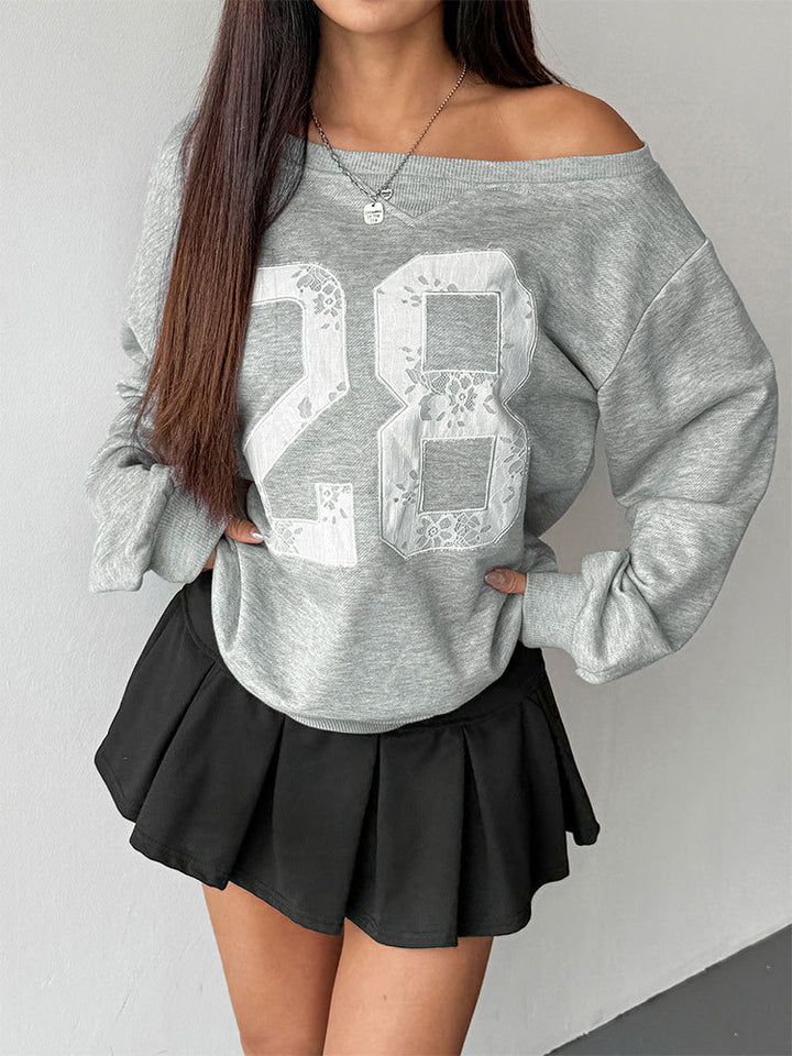 Grey One Shoulder Graphic Printed Sweatshirt