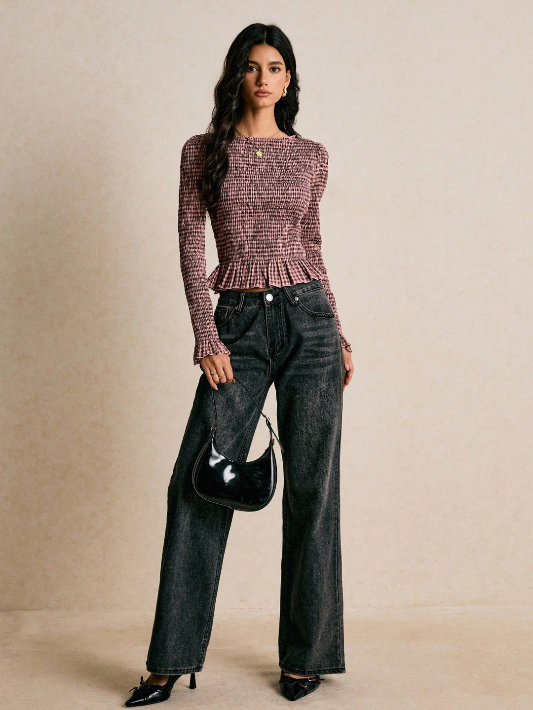 Multi Boat Neck Checkered Smocked Top