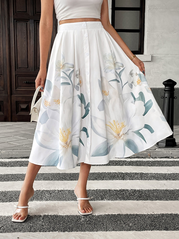 White High Waist Printed Flared Skirt