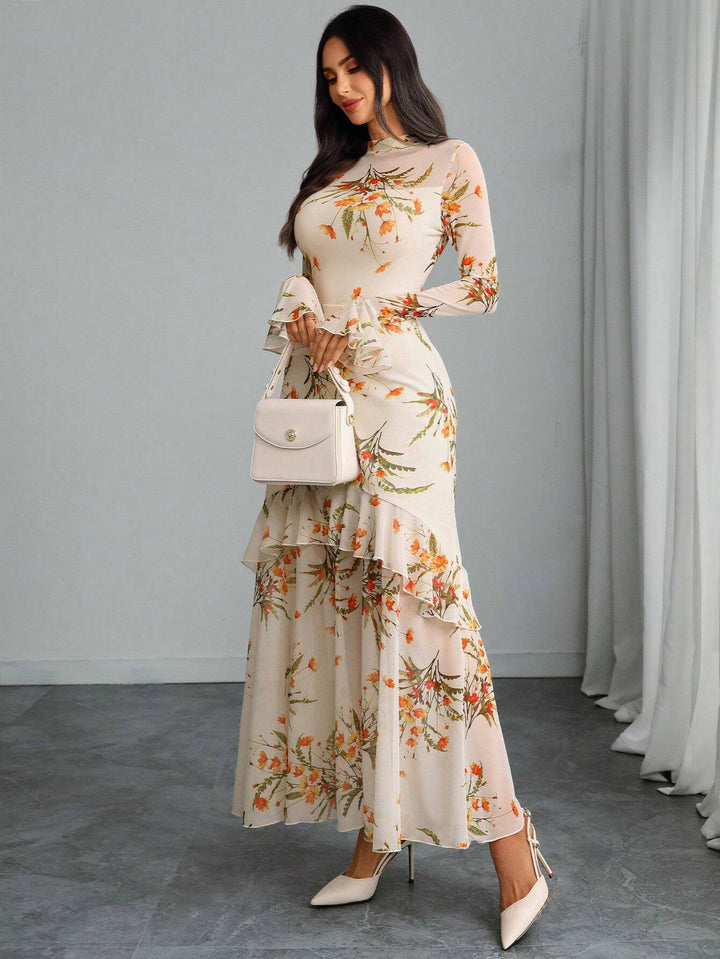 Off White Bell Sleeve Printed Ruffle Detail Dress