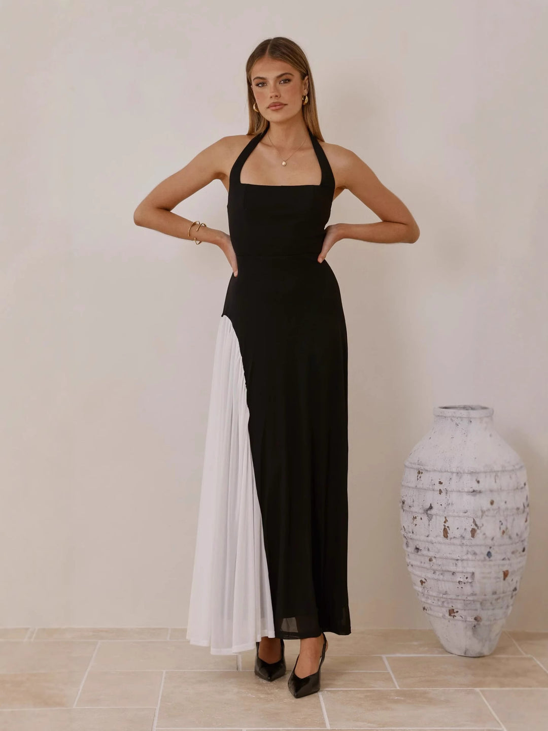 Black Halter Neck Dual Coloured Dress