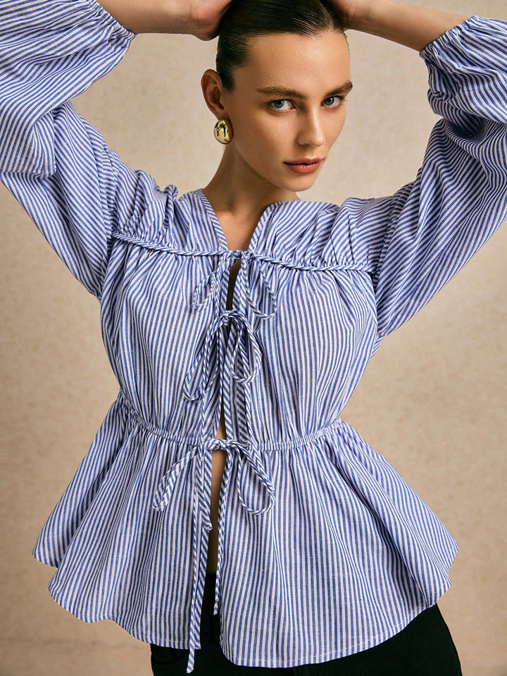 Blue Double Seam Bow Tie Up Blouse
