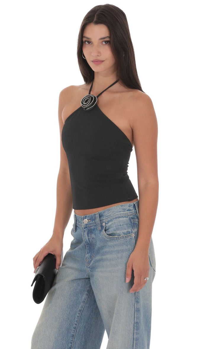 Black Halter Neck Floral Trim Top