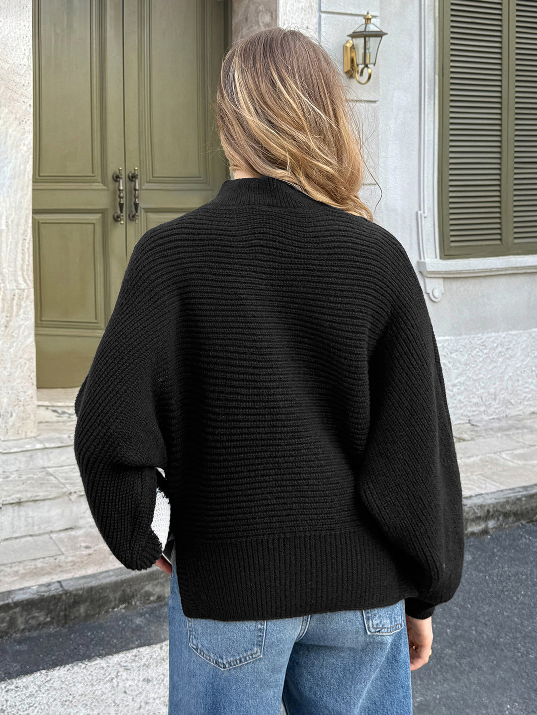 Black Full Sleeve Mock Neck Printed Sweater