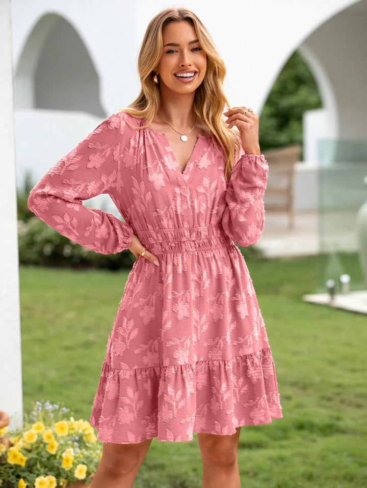Pink Ruffle Hem Waist Gathered Textured Dress