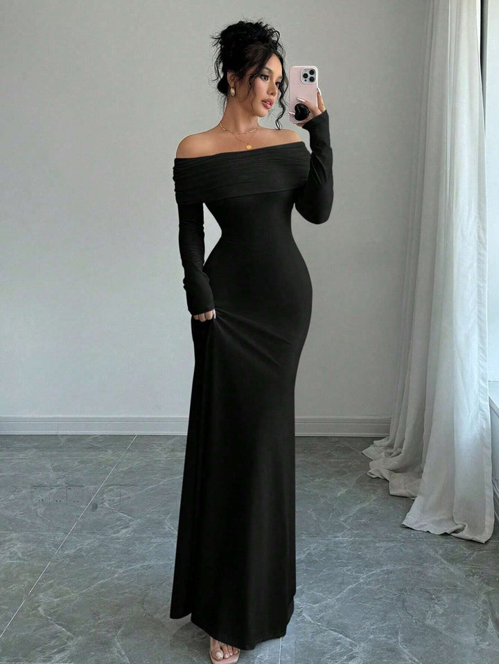 Black Off Shoulder Fitted Dress
