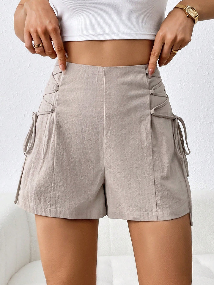 Beige High Waisted Side Gladiator Tie Up Shorts