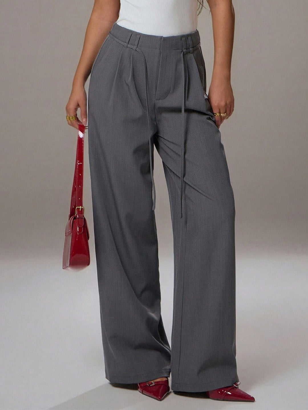 Grey High Waist Tie-Up Wide Leg Pant