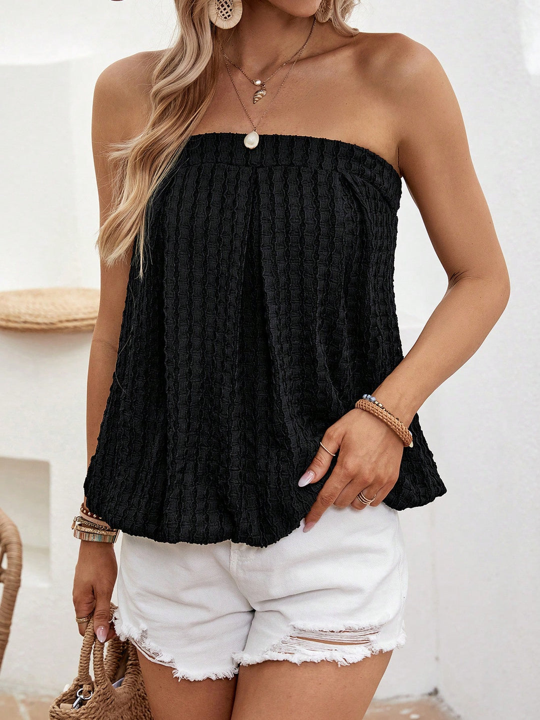 Black Off Shoulder Textured Top
