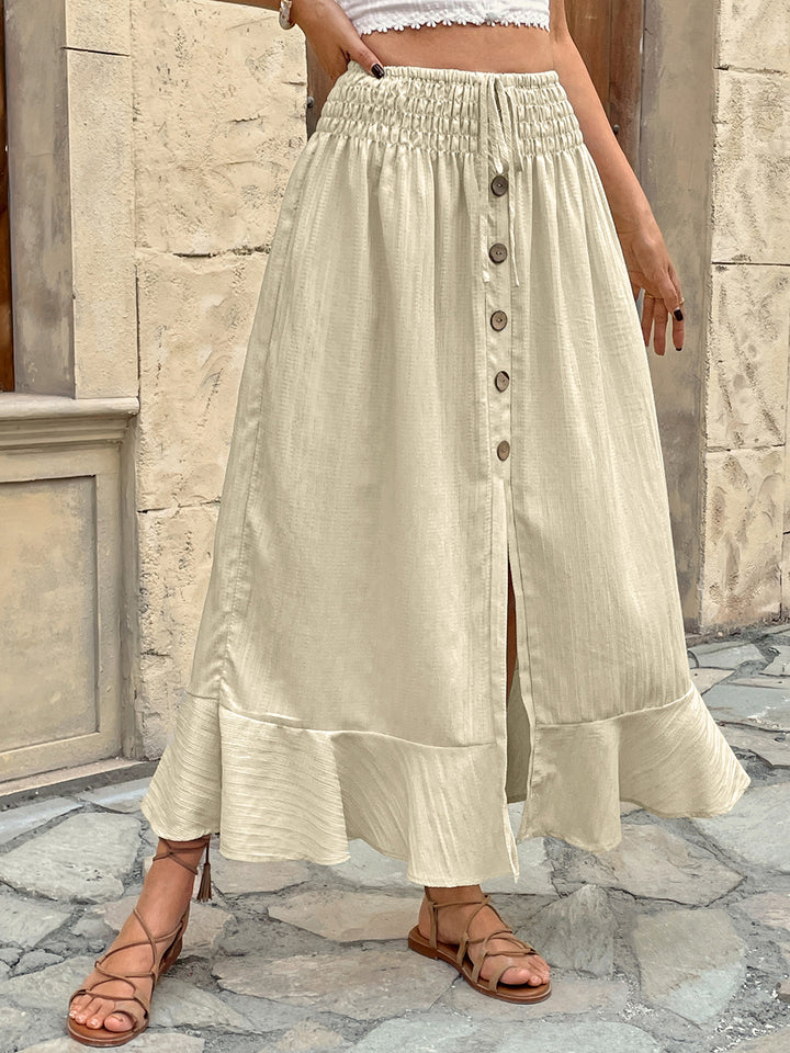 Cream High Waist Ruffle Hem Front Buttoned Skirt