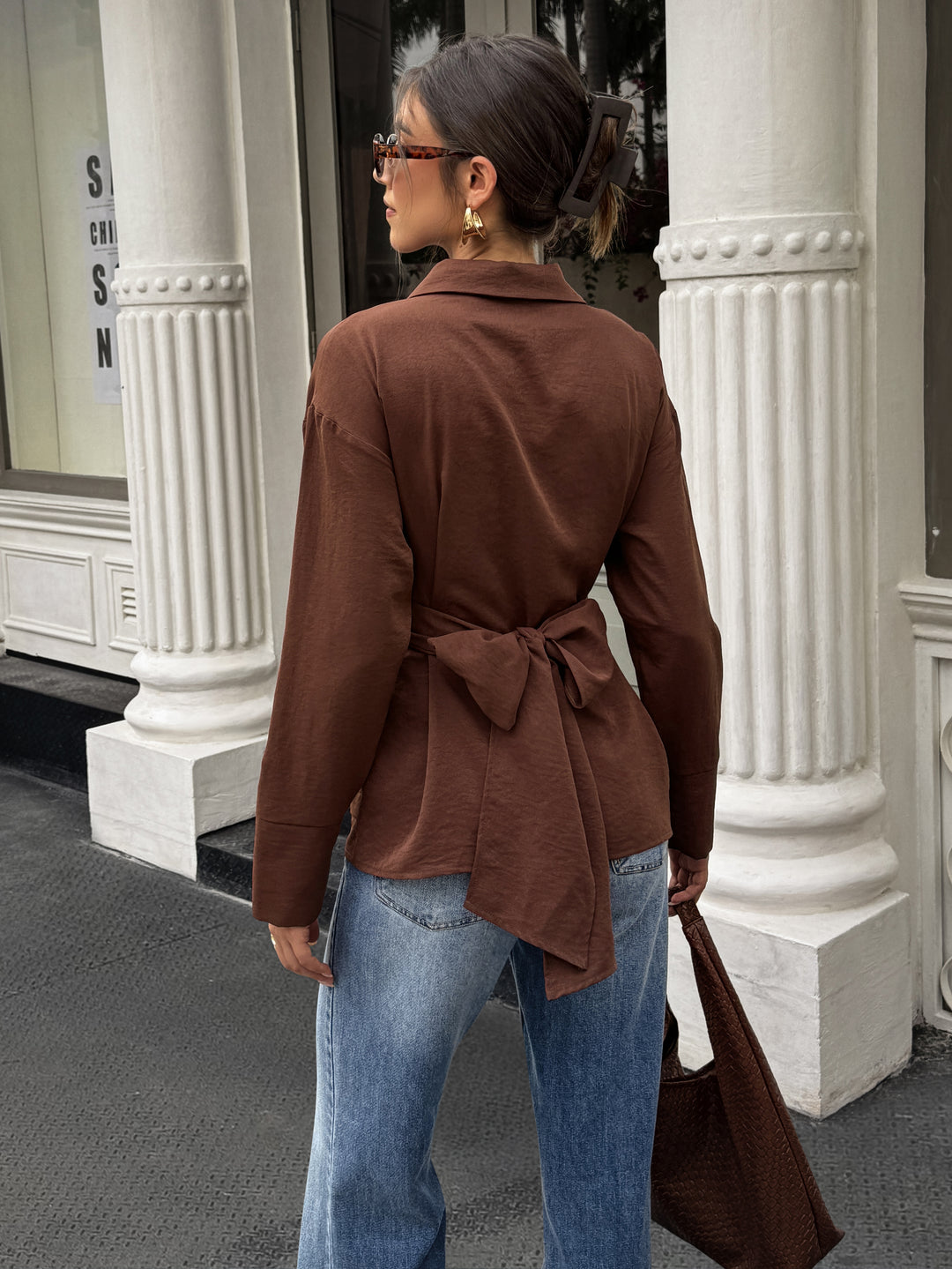 Brown Full Sleeve Waist Wrap Shirt