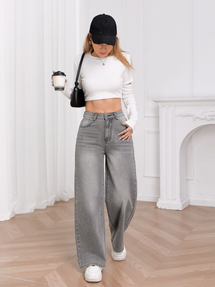 Grey High Waist Wide Leg Jeans