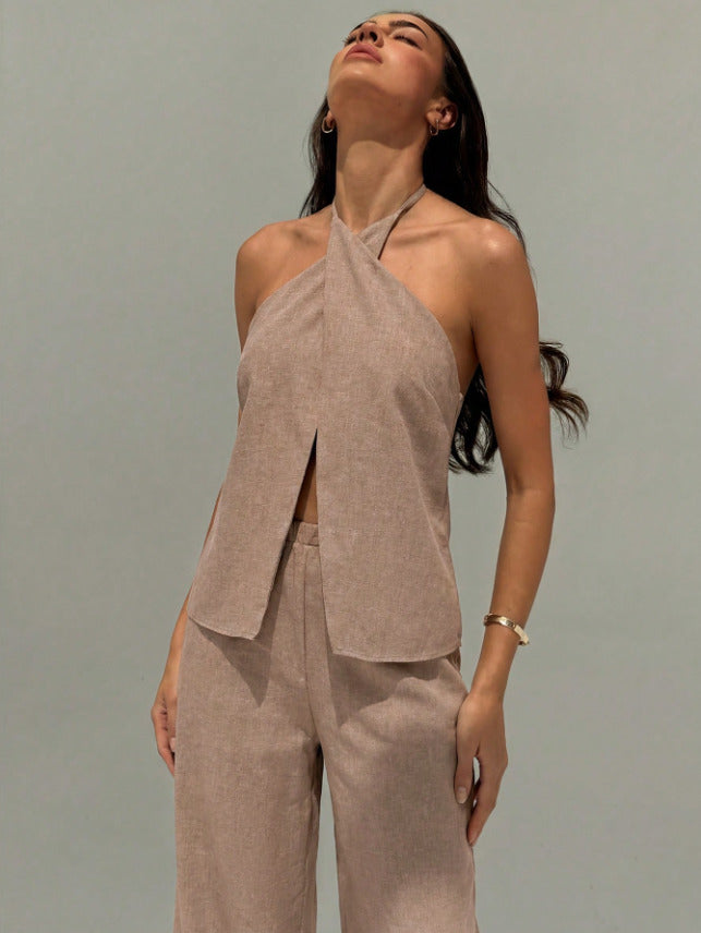 Brown Halter Neck Top And Pant Set