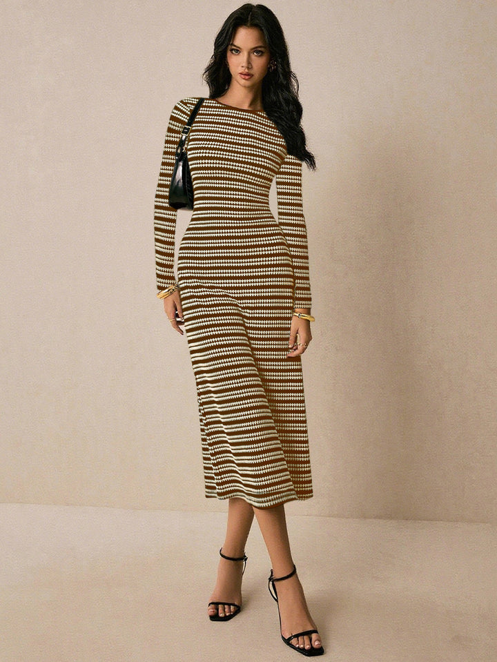 Brown Full Sleeve Striped Dress