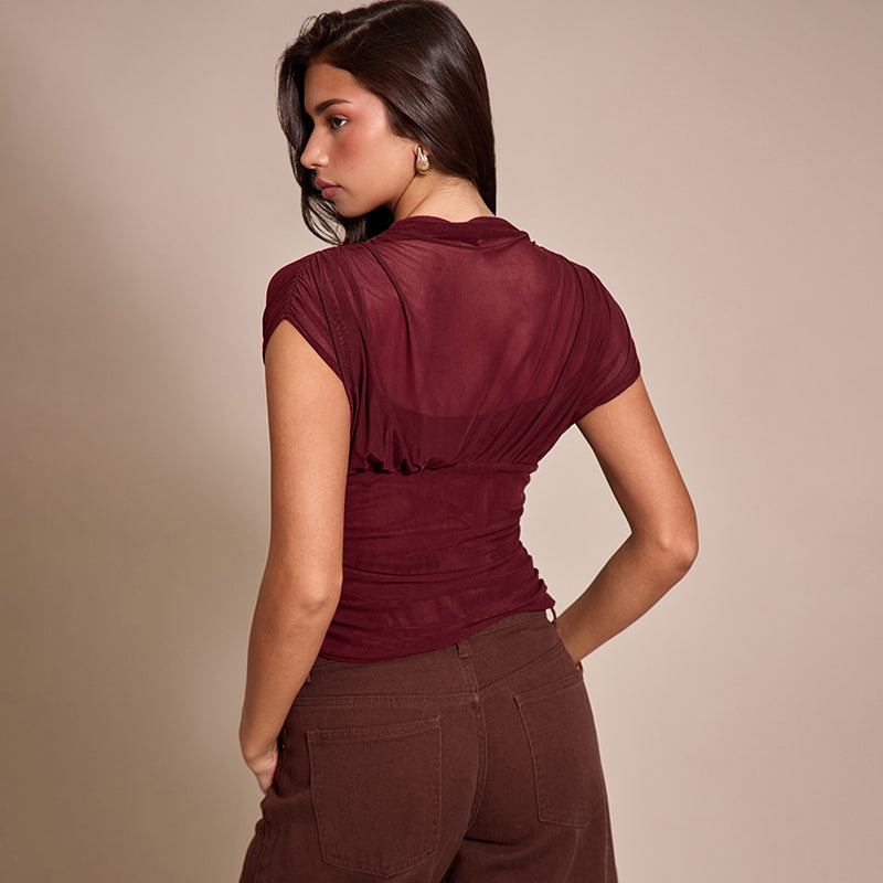 Maroon Short Sleeve Mesh Top