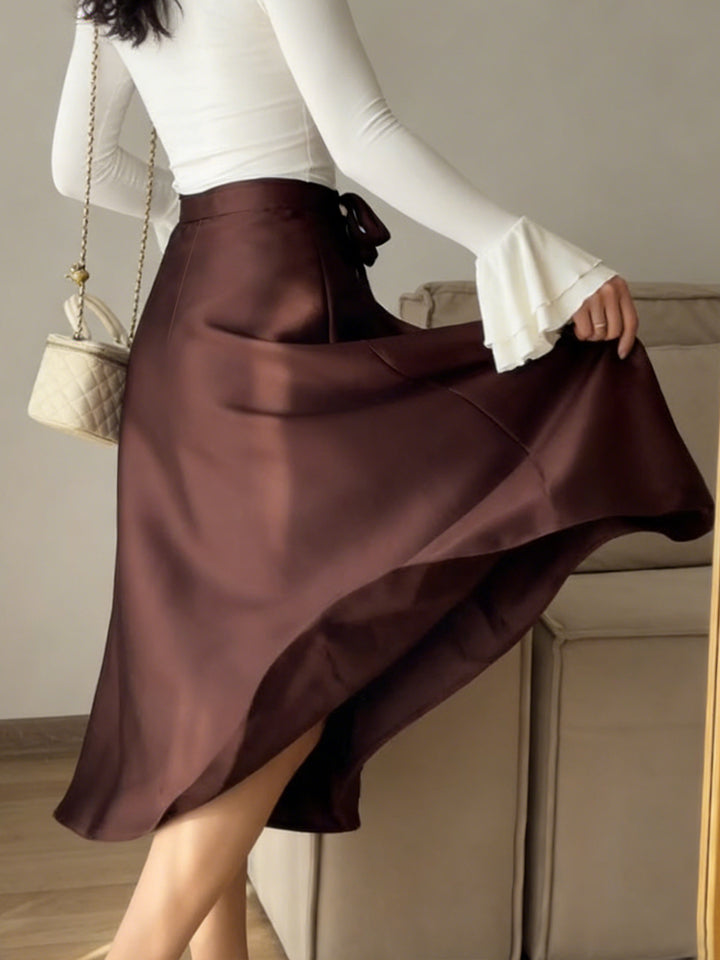 Brown High Waist Tie-Up Solid Skirt