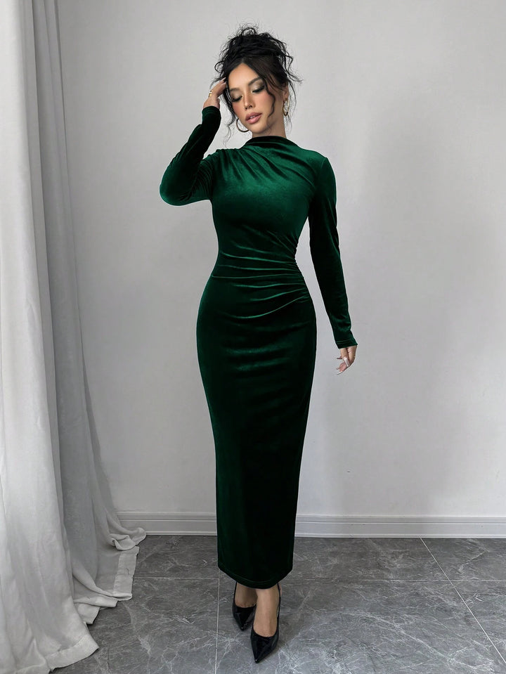 Green Full Sleeve Mock Neck Fitted Dress