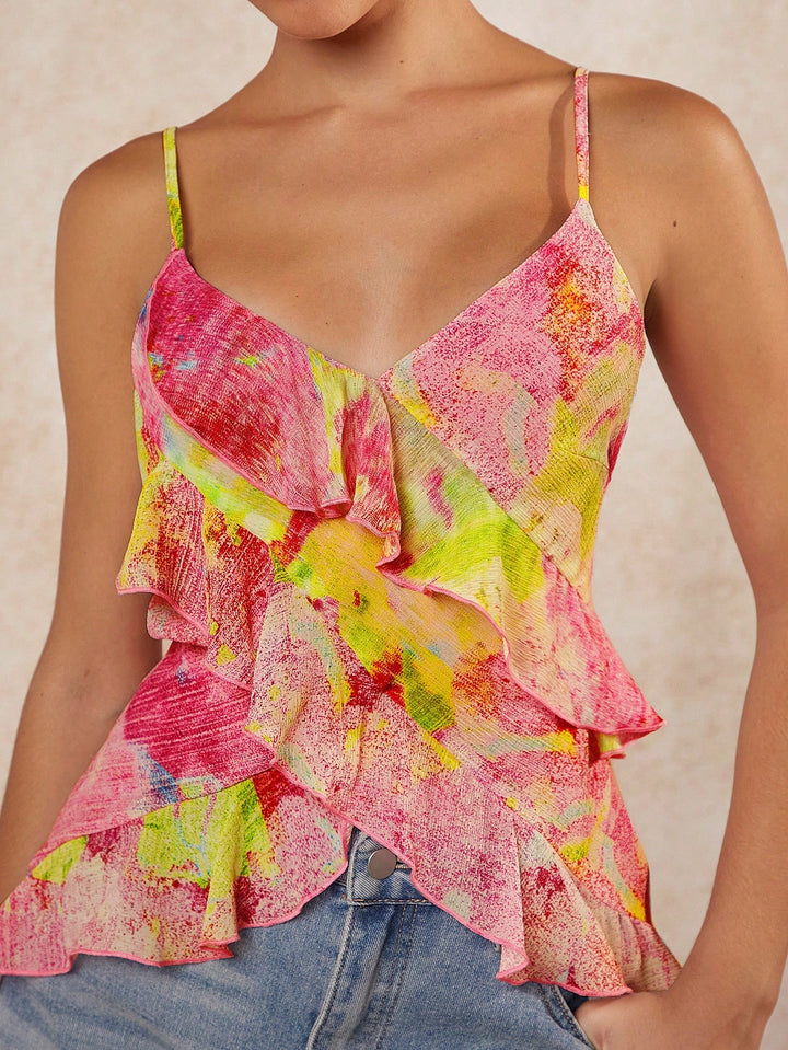 Pink Strappy Ruffled Printed Camisole