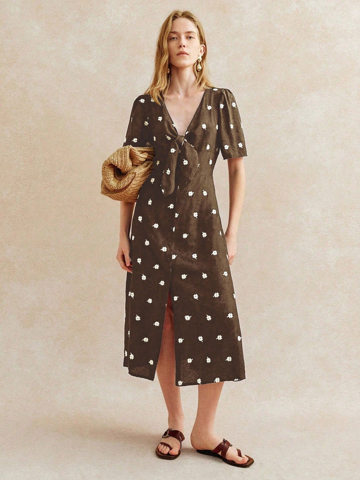 Brown V Neck Polka Dotted Dress