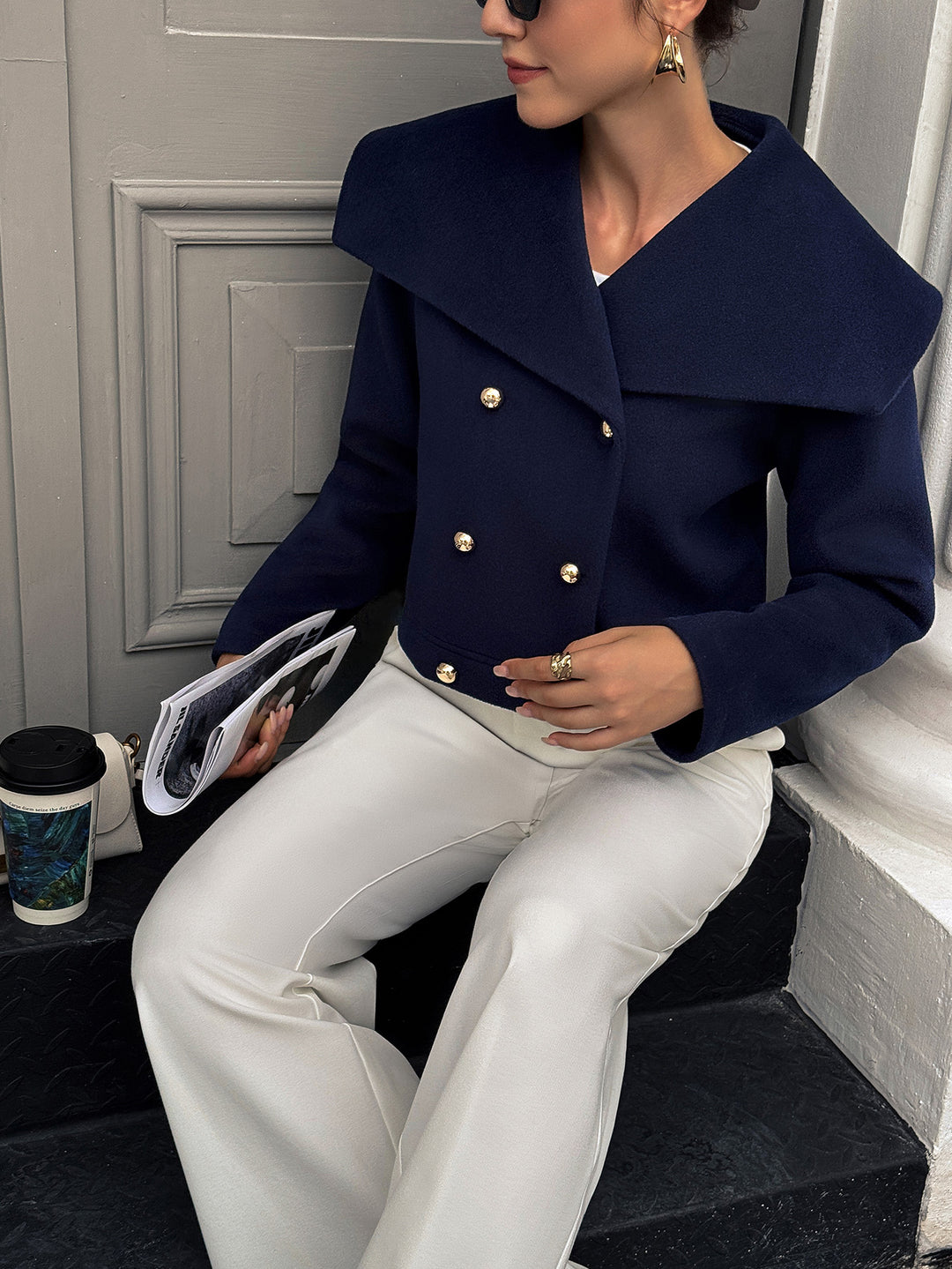 Navy Blue Full Sleeve Stylized Collar Coat