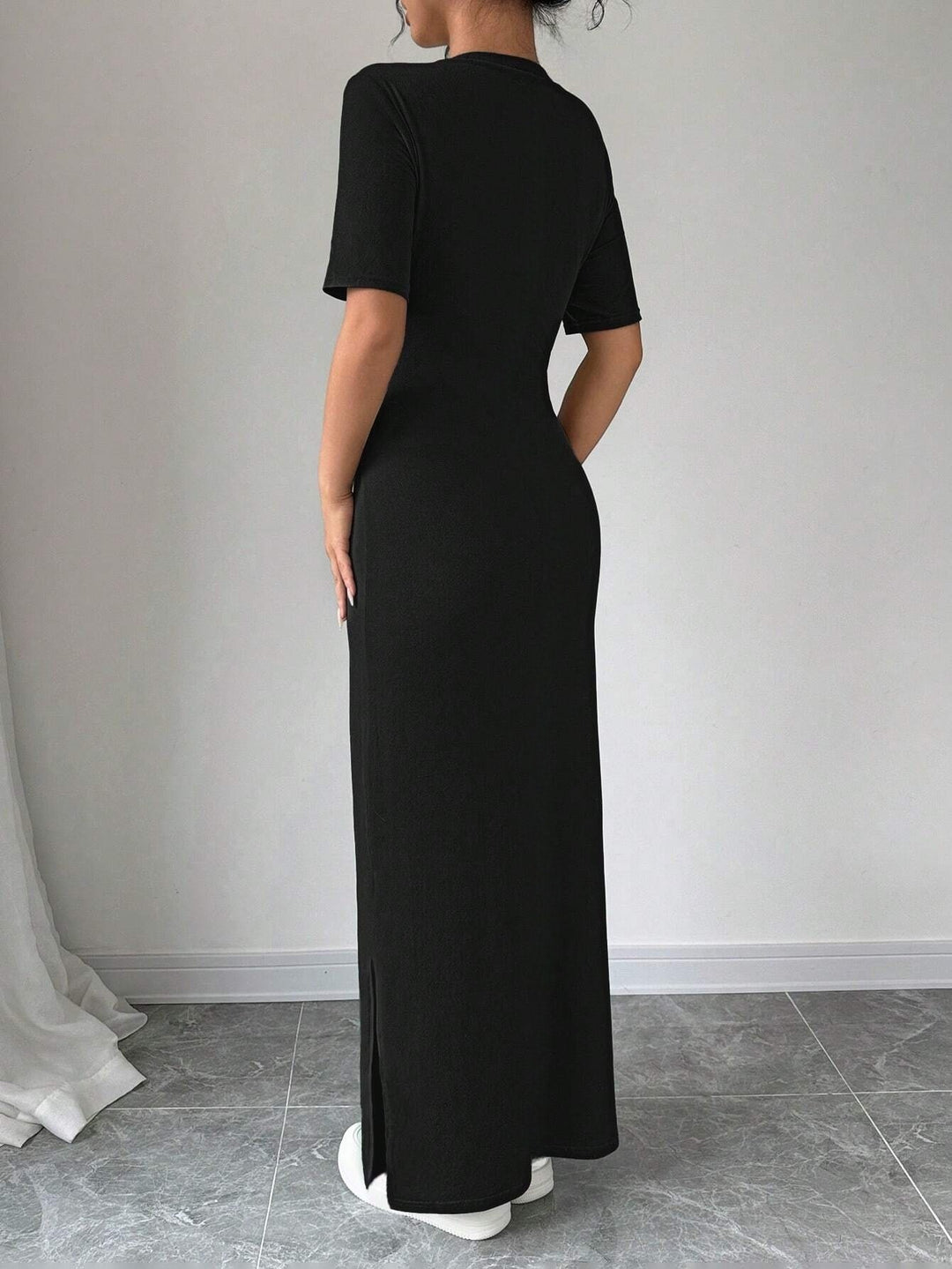 Black Short Sleeve Crew Neck Slit Dress