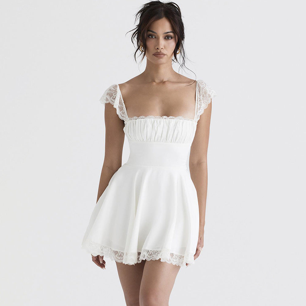 White Ruffle Sleeve Lace Hem Dress