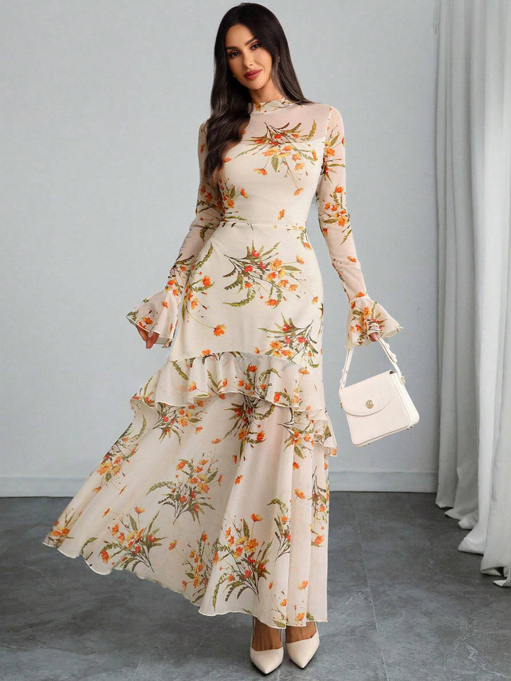 Off White Bell Sleeve Printed Ruffle Detail Dress