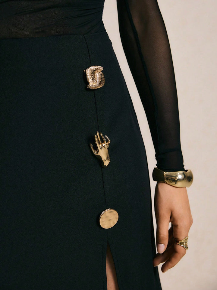 Black Slit Skirt With Metal Trims