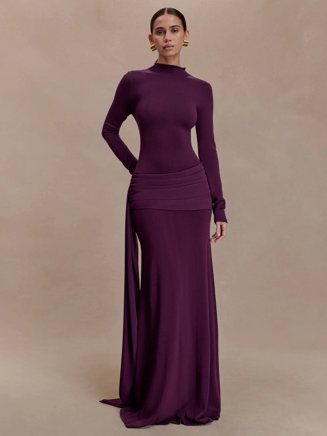 Purple Full Sleeve Waist Draped Dress