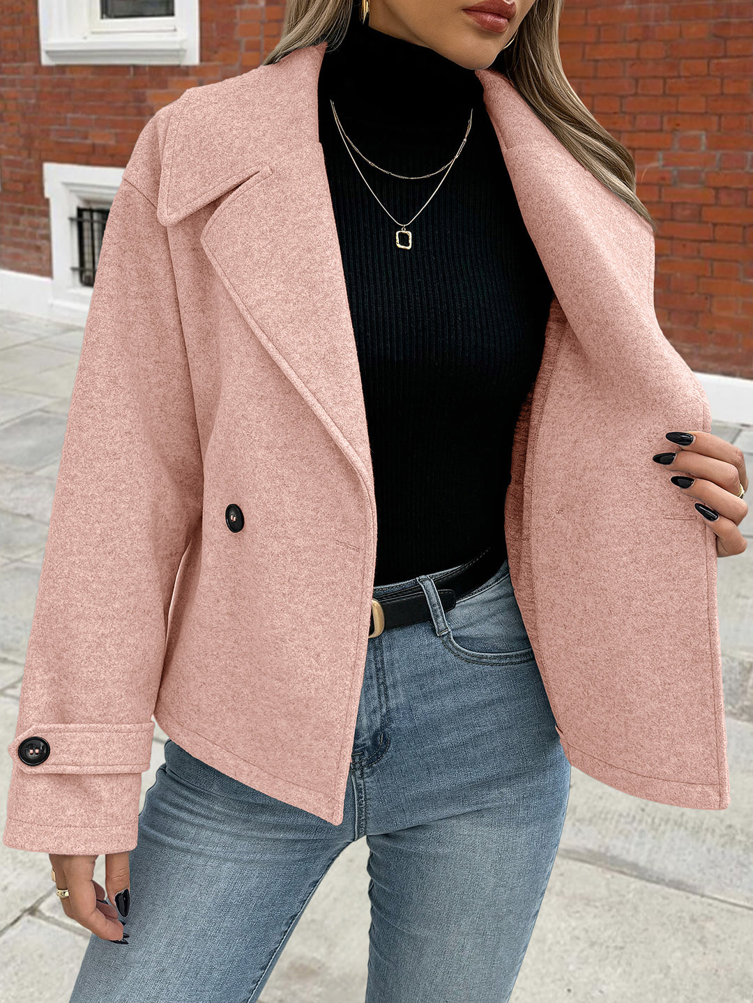 Pink Full Sleeve Stylized Collar Coat