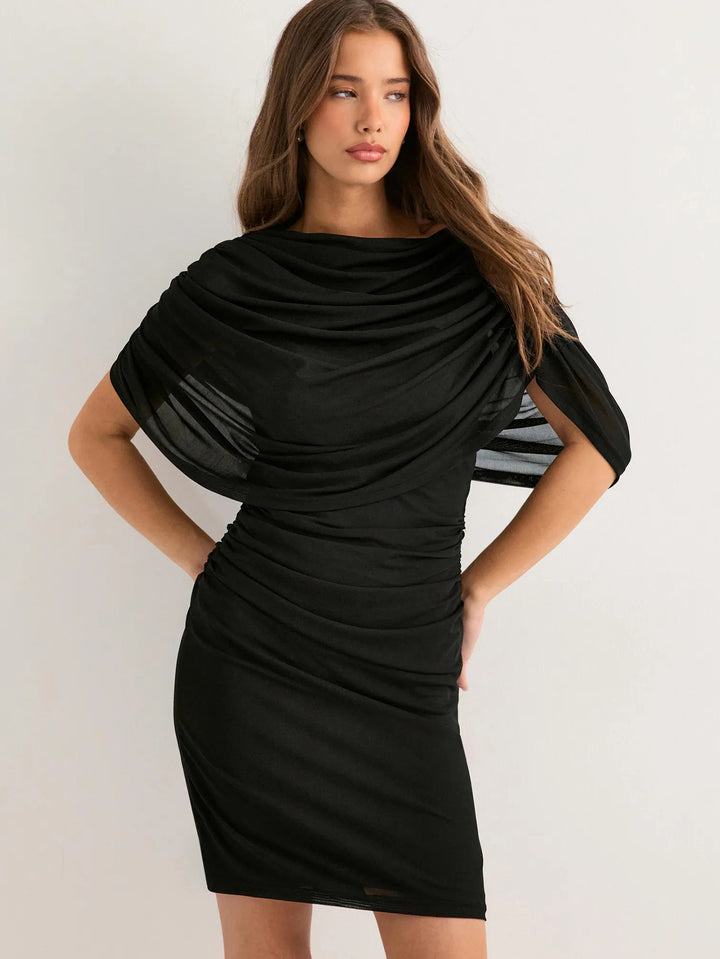 Black Draped Neckline Solid Dress