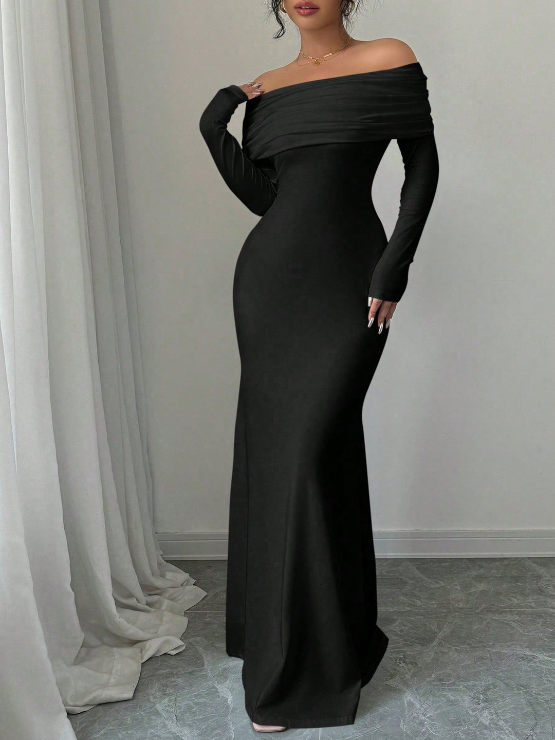 Black Off Shoulder Fitted Dress