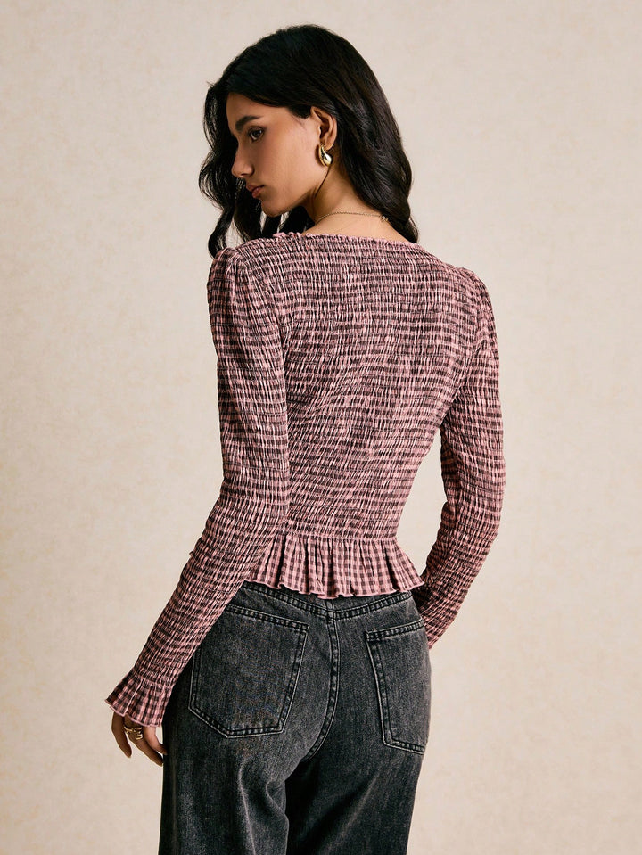 Multi Boat Neck Checkered Smocked Top