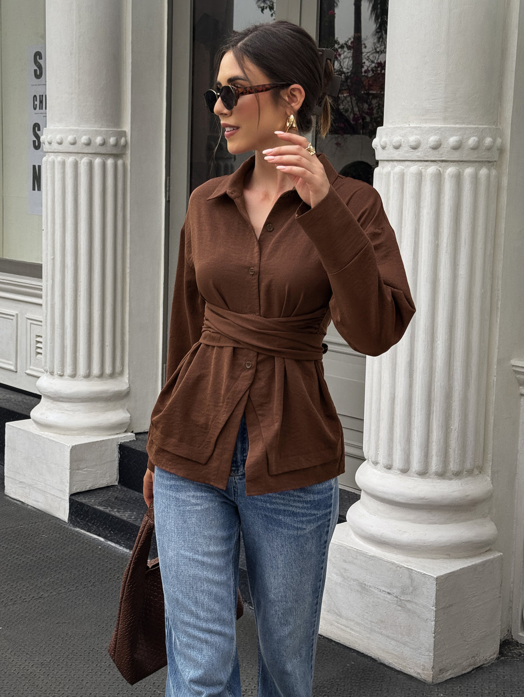 Brown Full Sleeve Waist Wrap Shirt