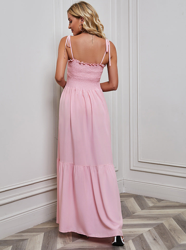 Pink Shoulder Tie-Up Tiered Dress