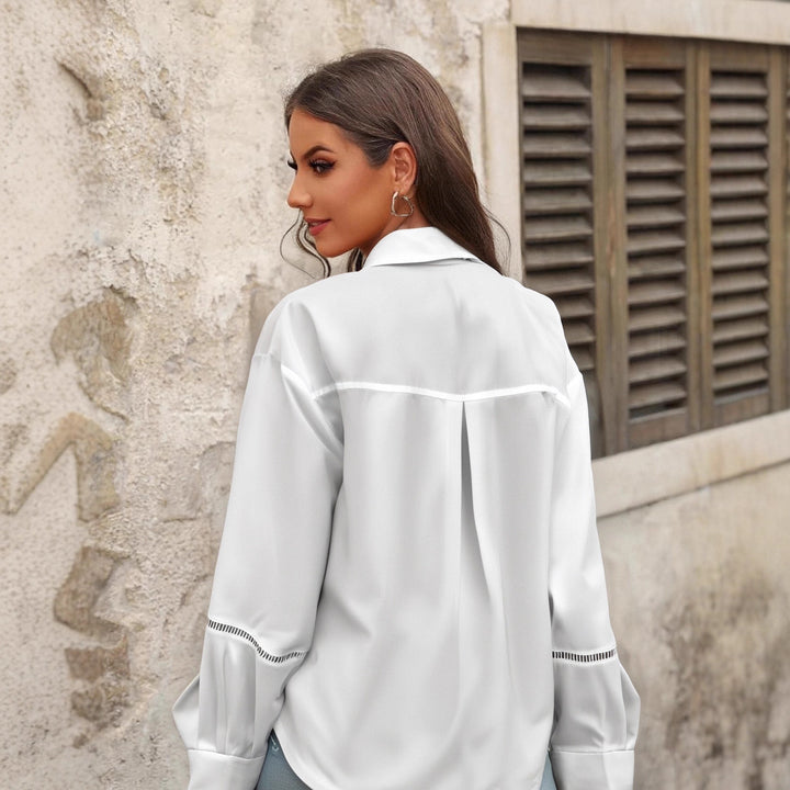 White Full Sleeve Lace Detail Collared Top
