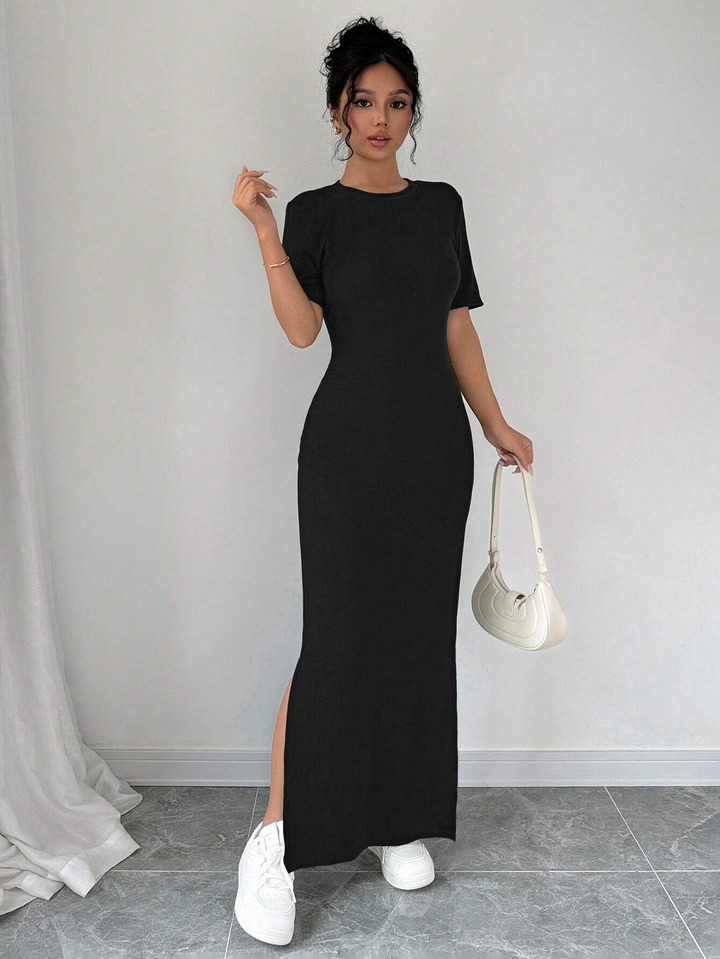 Black Short Sleeve Crew Neck Slit Dress