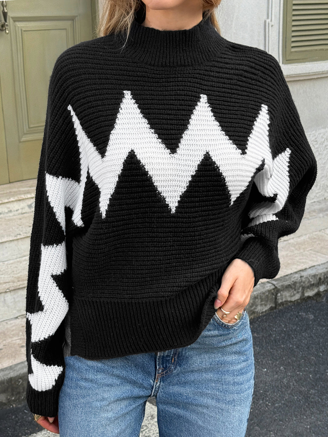 Black Full Sleeve Mock Neck Printed Sweater