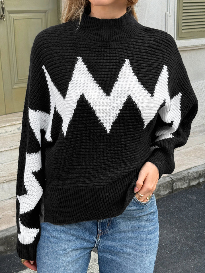 Black Full Sleeve Mock Neck Printed Sweater