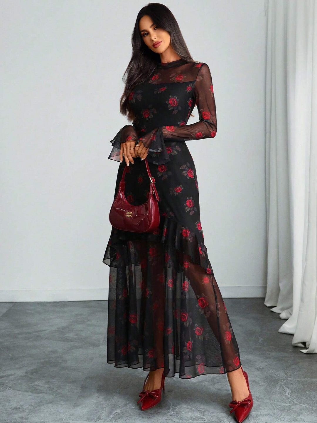 Black Bell Sleeve Printed Ruffle Detail Dress